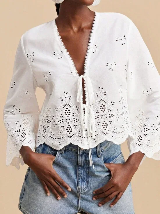 White Casual Women's V Neck Flare Sleeves Blouse - Picture 3 of 10